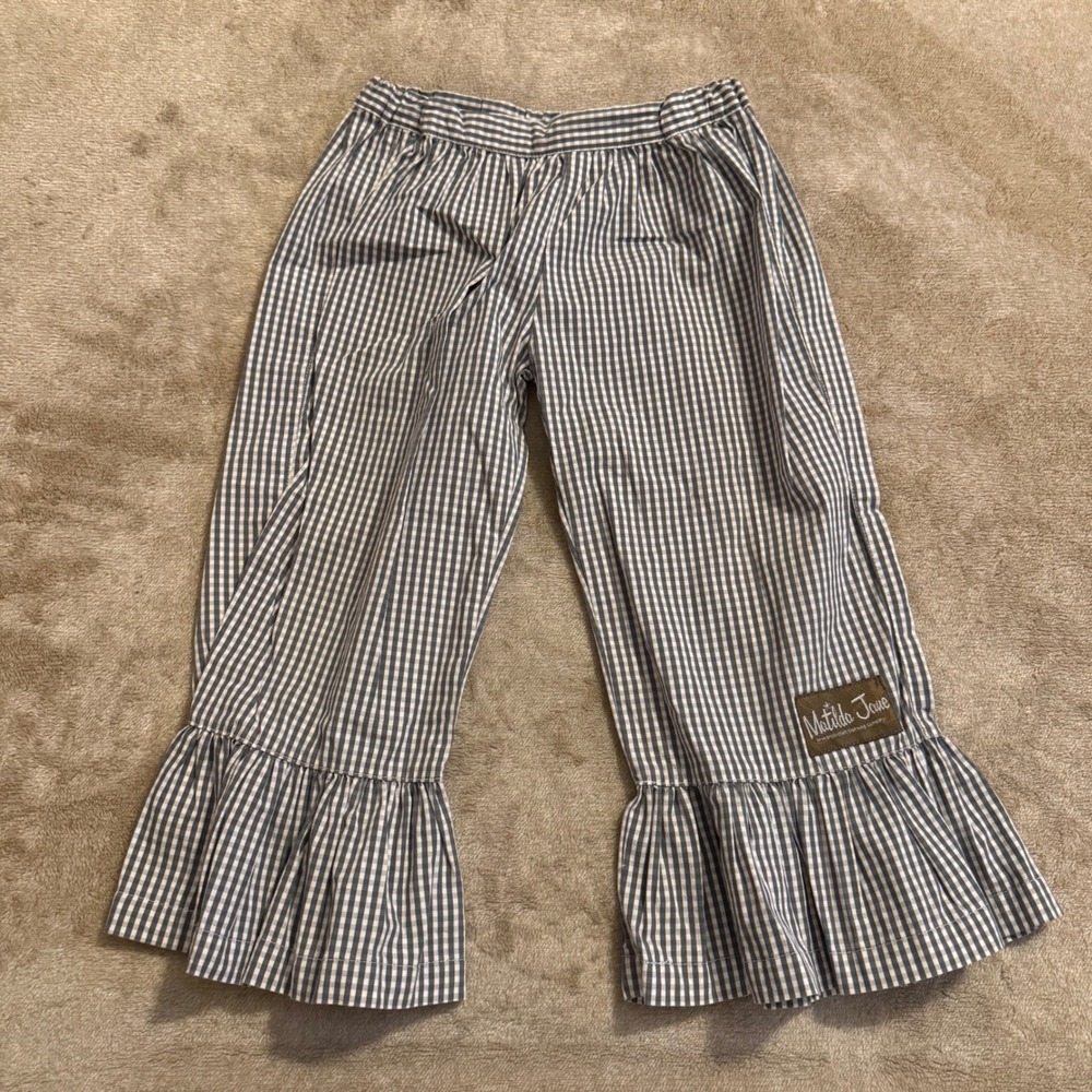 Matilda Jane Girls Gingham Ruffle Pants Its a Wonderful Parade Blue White Size 4